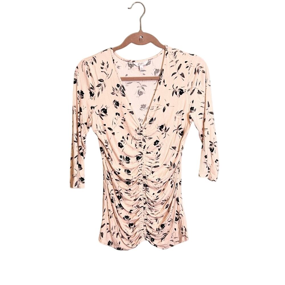 Candie's Women's Pink Floral V-Neck 3/4 Sleeve Cinched Front Blouse Shirt Large